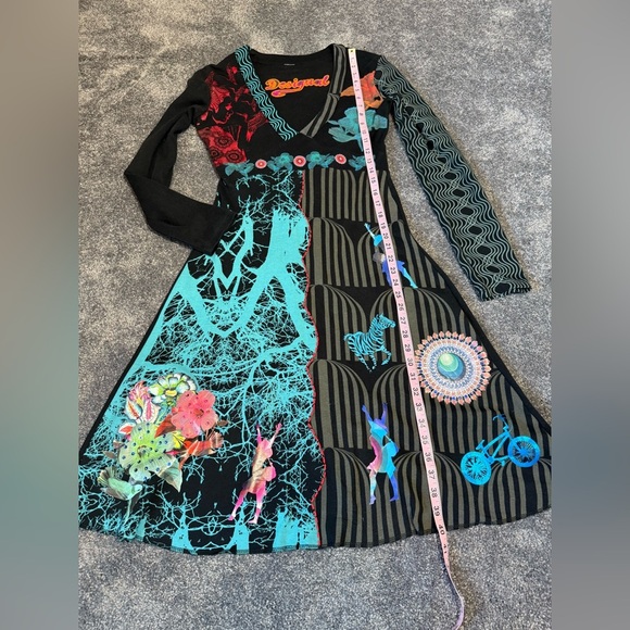 Desigual Black and Teal Artistic Long Sleeve V Neck Dress Women Small - Picture 3 of 7